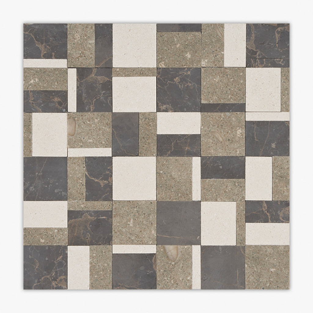 Seagrass, Champagne, Olive Honed London Limestone; Marble Mosaic