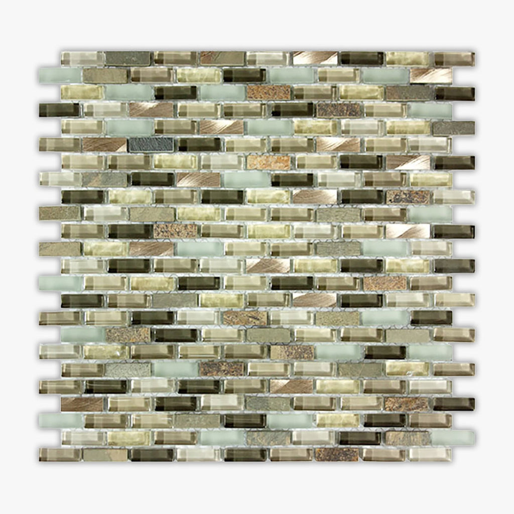 Olive Blend Multi-Textured 3/8x1 1/8 Brick Mixed Mosaic