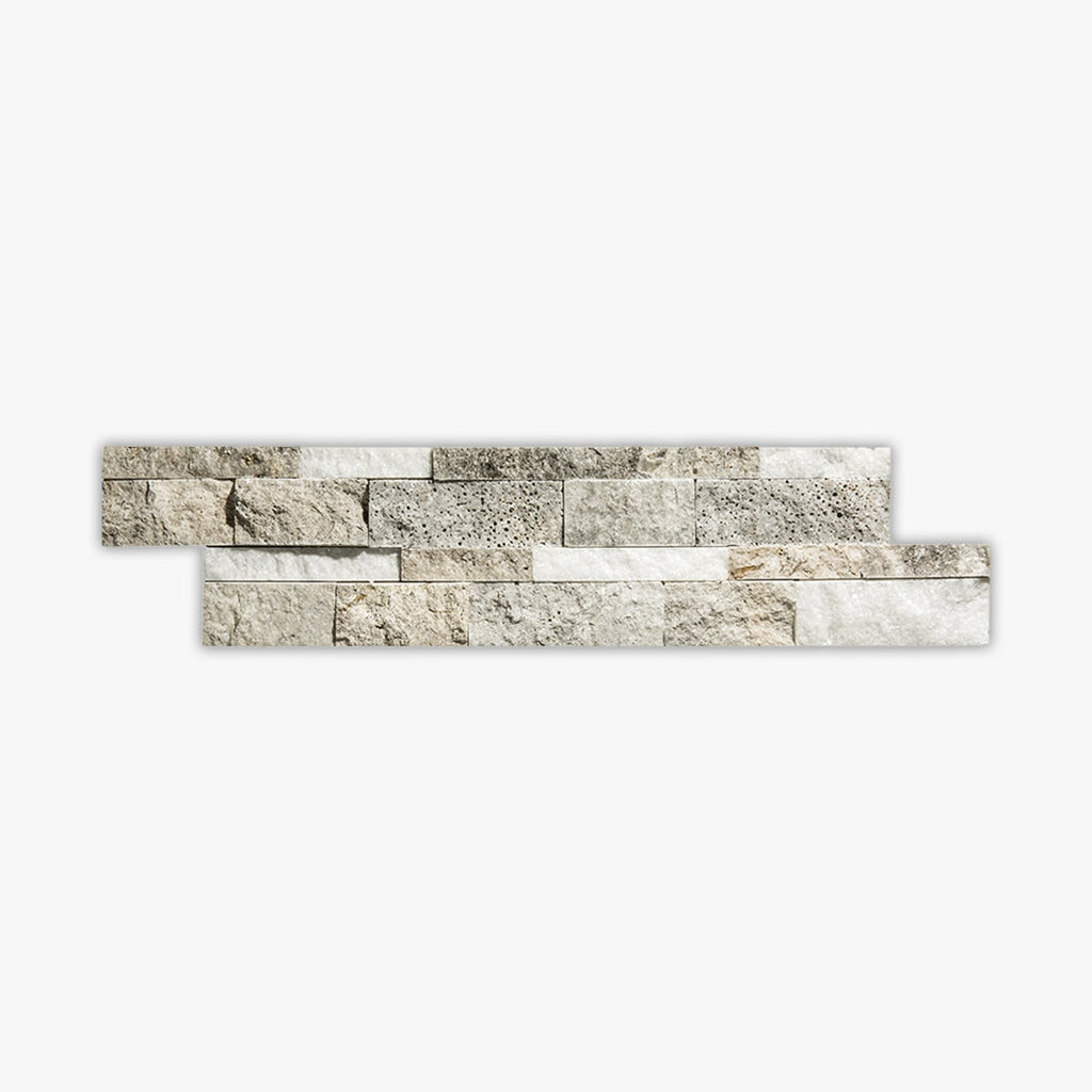 Splitface 6x24 Interlocking 3-Dimensional Marble Ledger Panel in Turkish Carrara and Silver Travertine