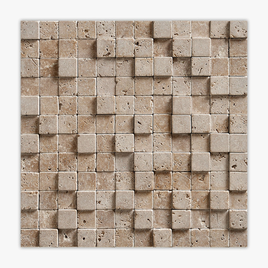 Noce Tumbled 1x1 3-D Travertine Mosaic