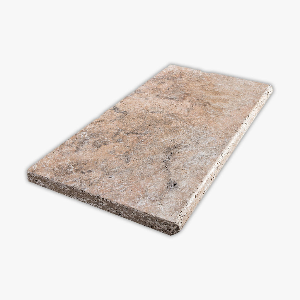 Scabos Tumbled 16x24 Travertine Thick Bullnose Coping