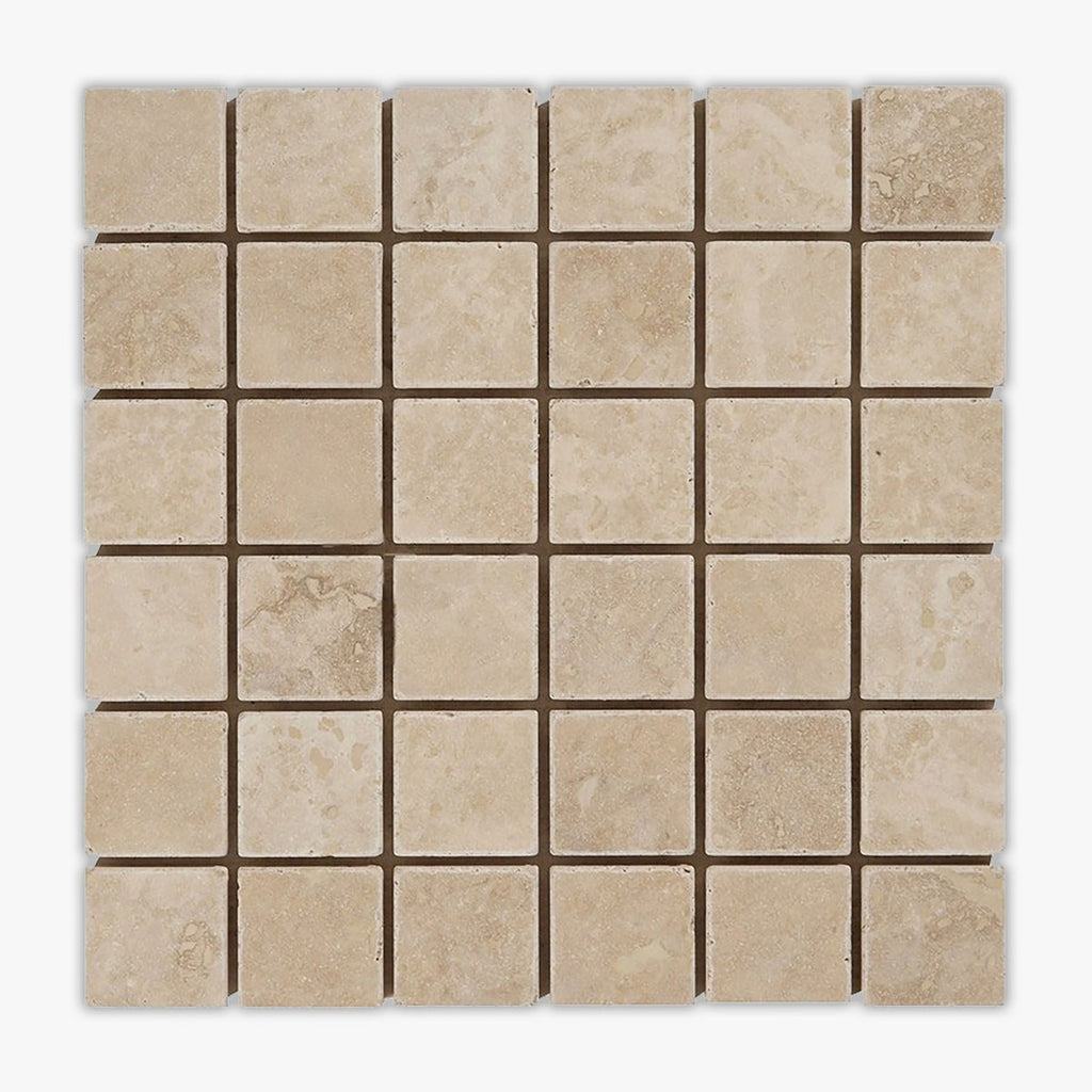 Ivory Tumbled 2x2 Square Travertine Mosaic