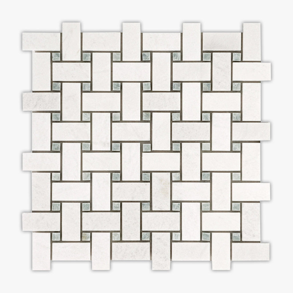 Thassos White, Ming Green Polished Basketweave Marble Mosaic