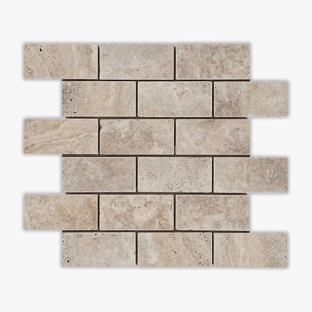 Scabos Tumbled 2x4 Brick Travertine Mosaic