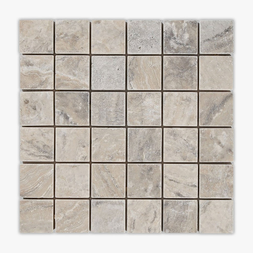 Silver Tumbled 2x2 Square Travertine Mosaic