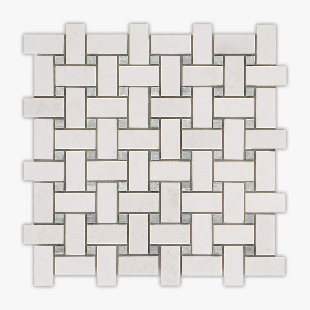 Thassos White, Flusso Blu Honed Basketweave Marble Mosaic