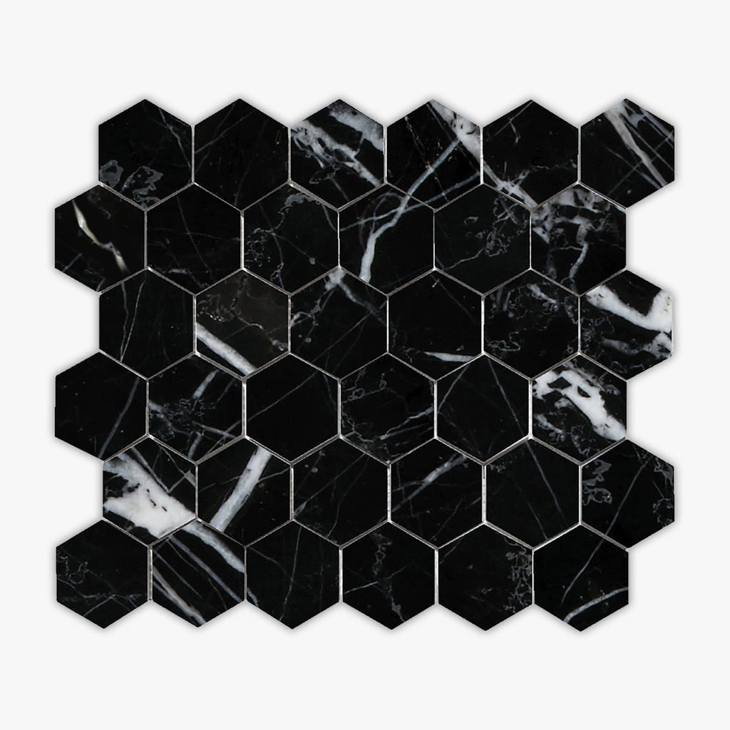 Nero Marquina Honed 2 Inch Hexagon Marble Mosaic
