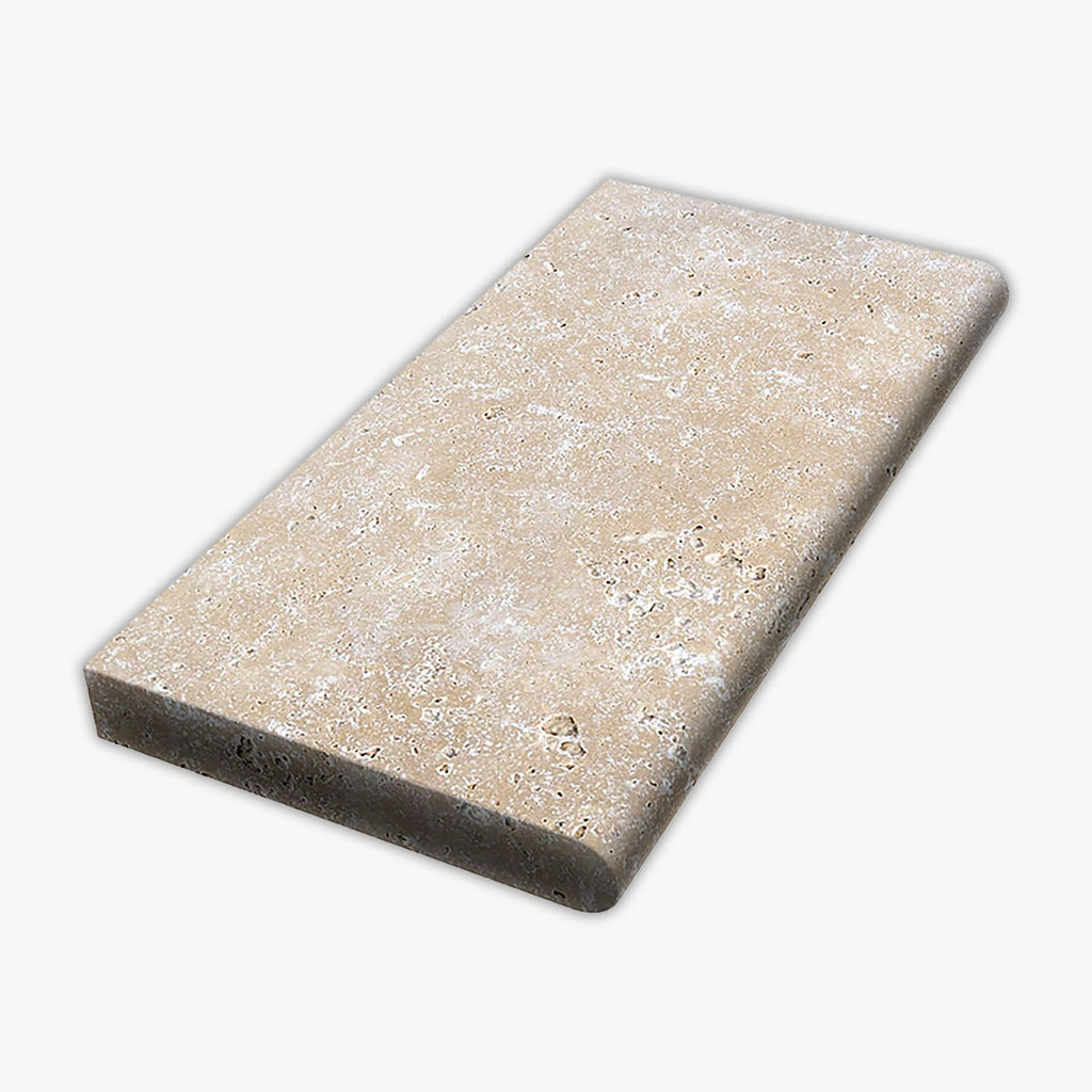 Ivory Tumbled 12x24 Travertine Extra Thick Bullnose Coping