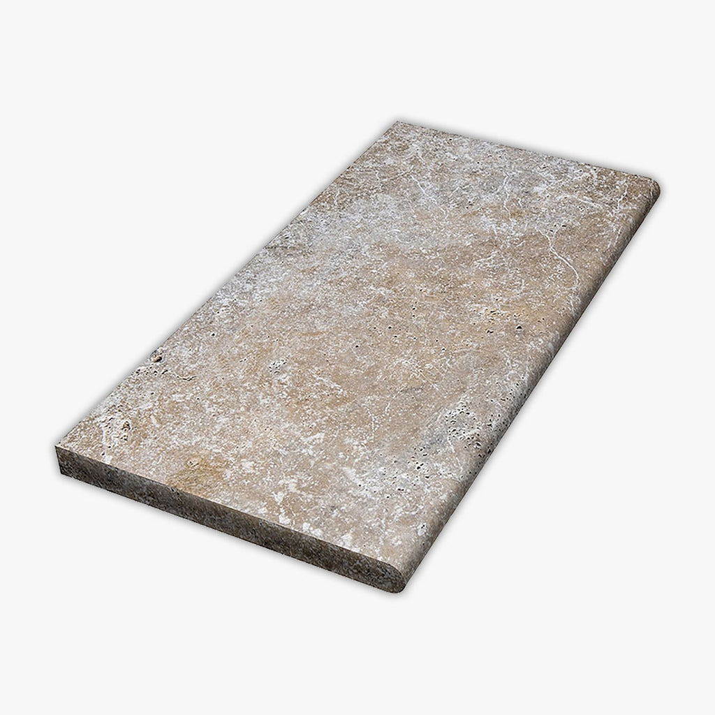 Scabos Tumbled 12x24 Travertine Thick Bullnose Coping