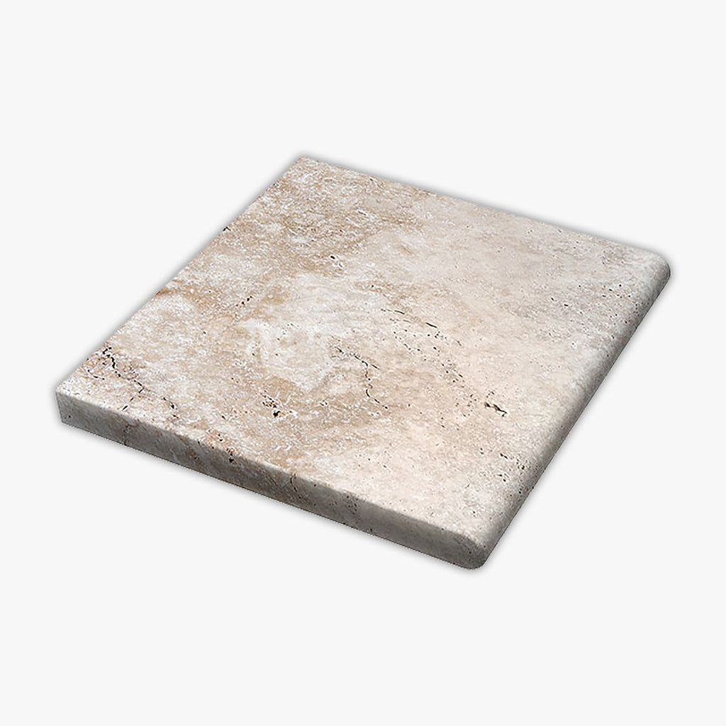 Scabos Tumbled 12x12 Travertine Thick Bullnose Coping